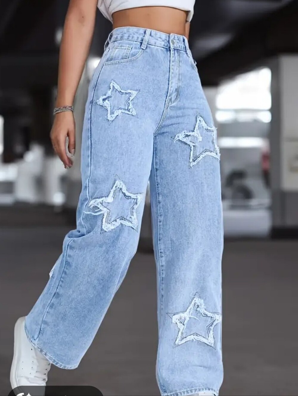 Blue Asphalt Light Wash Star Patch Wide Leg Jeans